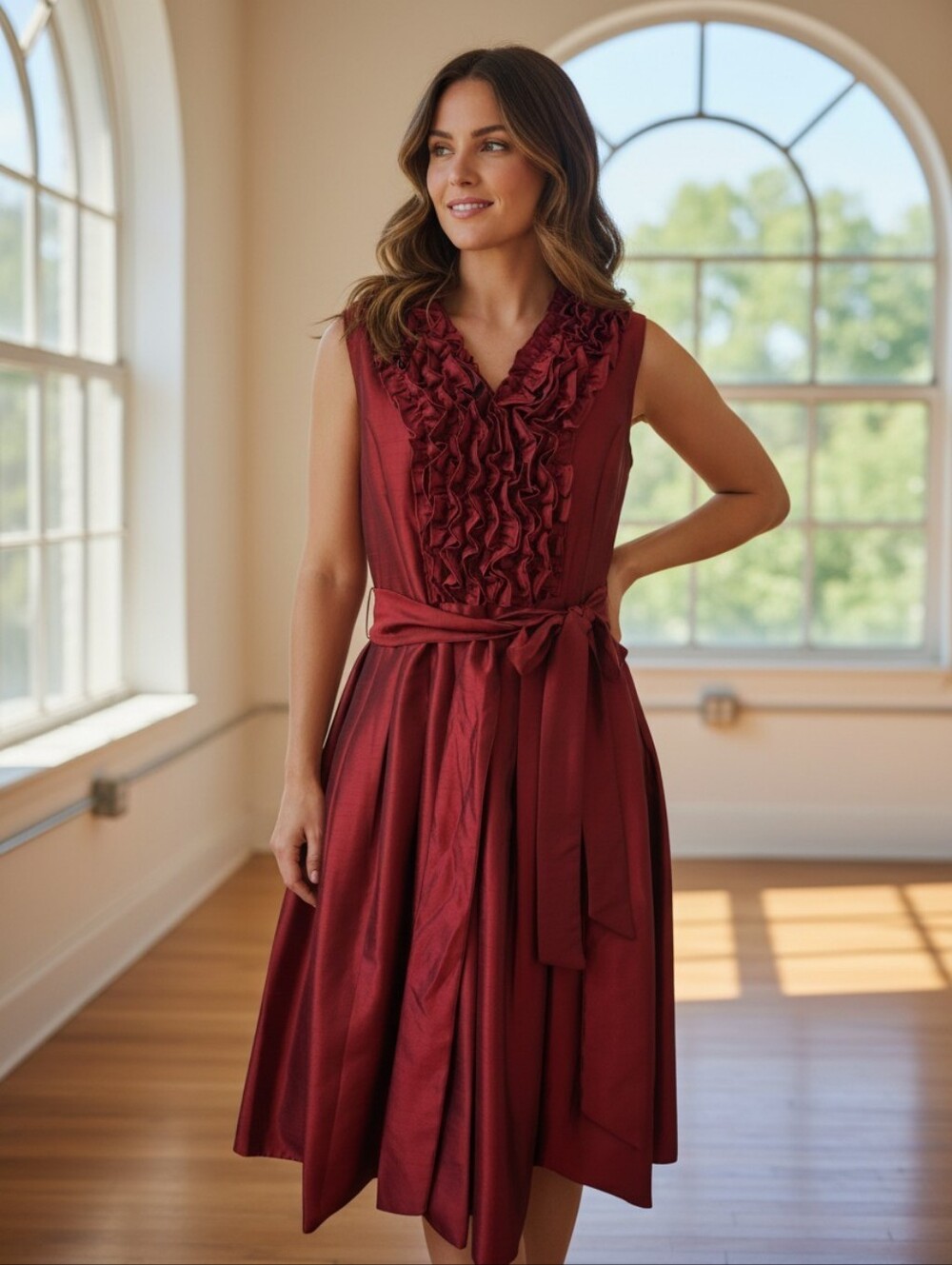 Jessica Howard Burgundy Ruffle V-Neck Midi Dress with Waist Tie Size 16